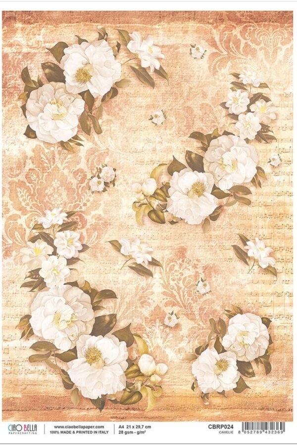 Ciao Bella | 1 Piece Camelie A4 Rice Paper 8.25 X 11.5 Inches Mixed Media Made in Italy Cbrp024