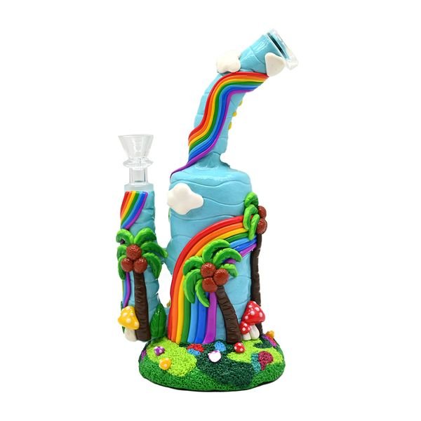 Colored Polymer Clay Glass Pipe,Handmade Kneading 3D Cute Coconut Tree,Mushroom,Small House,Rainbow,Borosilicate Glass Hookah,Glass Bong,Holiday Gifts,9.4in