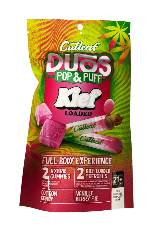 Cotton Candy | Vanilla Berry Pie Cutleaf Duos Kief Pop & Puff Pre-Rolls & Gummies 2ct