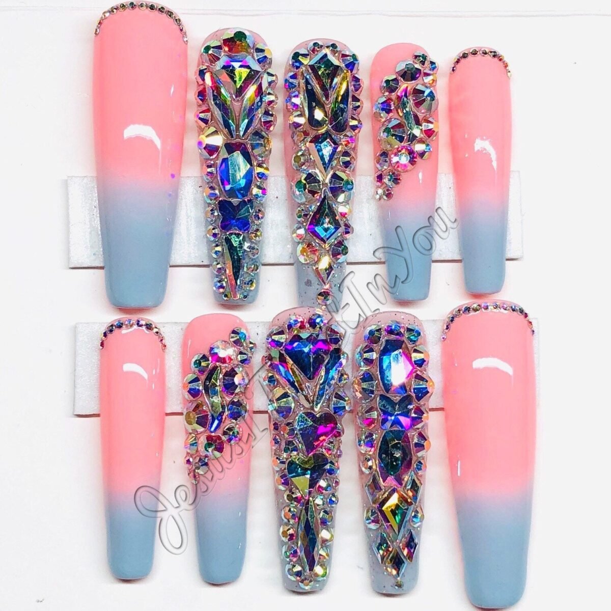 Cotton Candy - Xxl Ballerina Gel Press On Nails| Reusable Nails | Long Gifts For Her| Rhinestones Makartt Dnd Glue