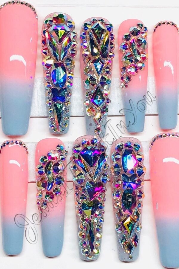 Cotton Candy - Xxl Ballerina Gel Press On Nails| Reusable Nails | Long Gifts For Her| Rhinestones Makartt Dnd Glue