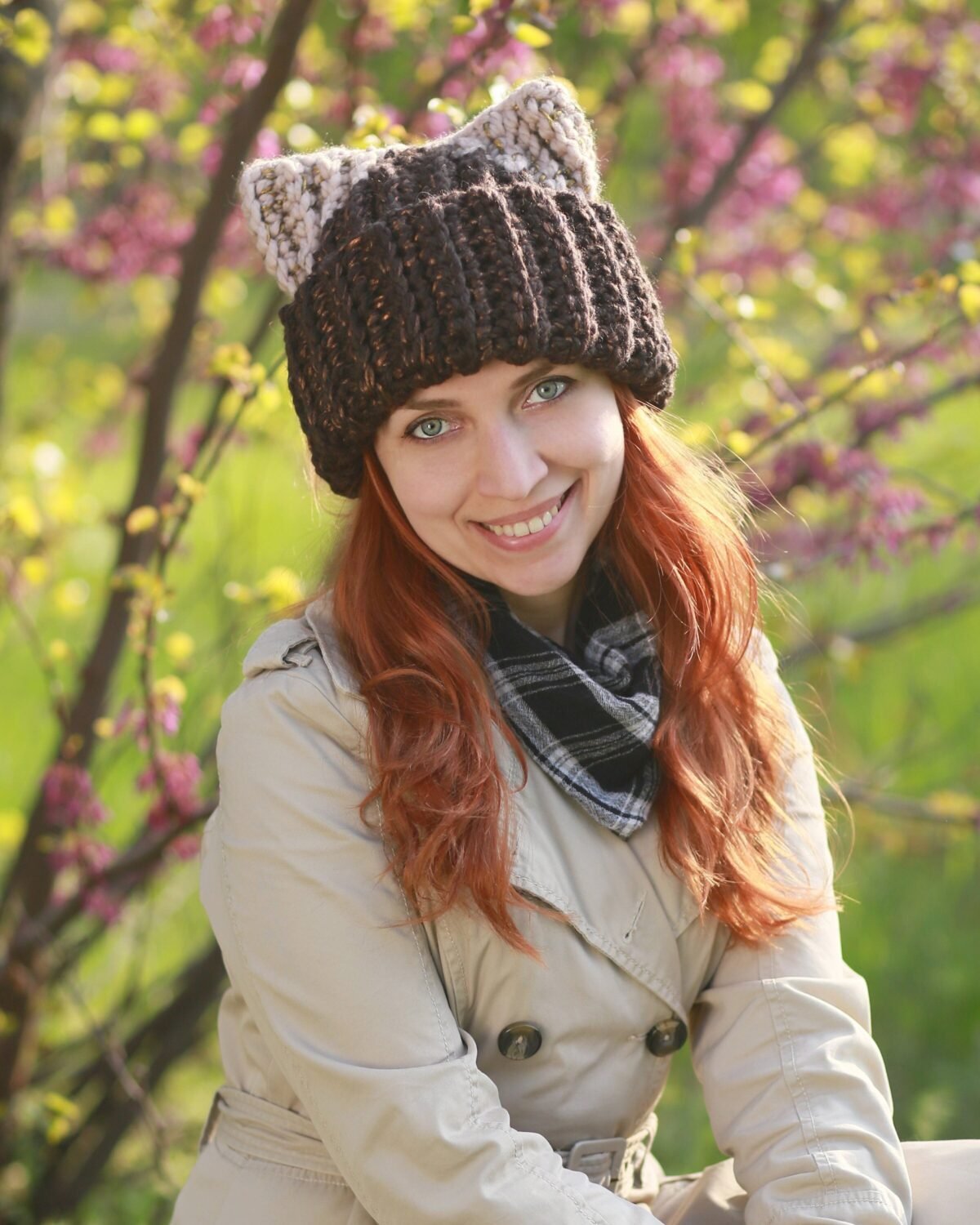 Crochet Cat Hat Chocolate Brown Chunky Beanie With Beige Ears Metallic Soft Thread