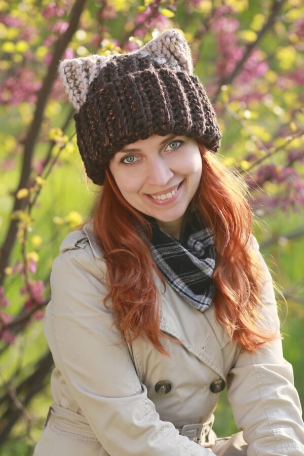 Crochet Cat Hat Chocolate Brown Chunky Beanie With Beige Ears Metallic Soft Thread