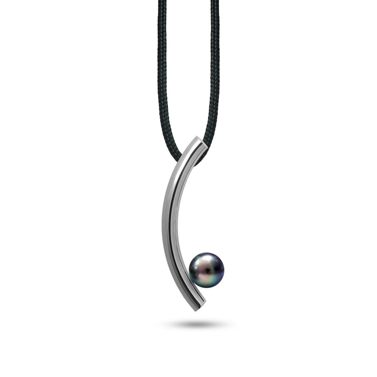 Curve Tubular Curved Vertical Pendant With Black Pearl in Stainless Steel By Taormina Jewelry