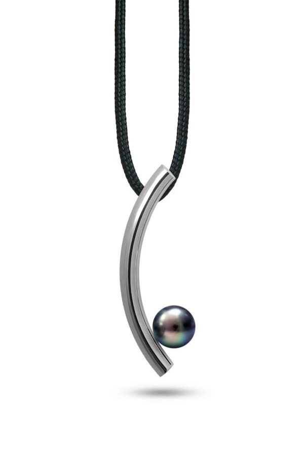 Curve Tubular Curved Vertical Pendant With Black Pearl in Stainless Steel By Taormina Jewelry