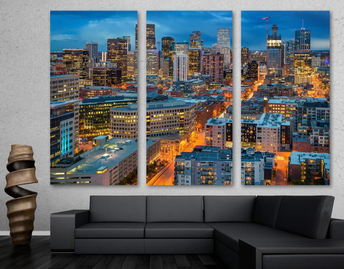 Denver City Skyline At Dusk Canvas Print Wall Art - Denver, Co, USA Cityscape in Orange Giclee Home Art Decor, Wall Interior Design