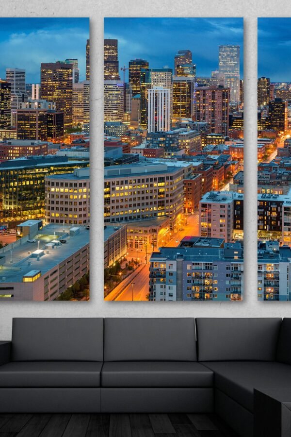 Denver City Skyline At Dusk Canvas Print Wall Art - Denver, Co, USA Cityscape in Orange Giclee Home Art Decor, Wall Interior Design