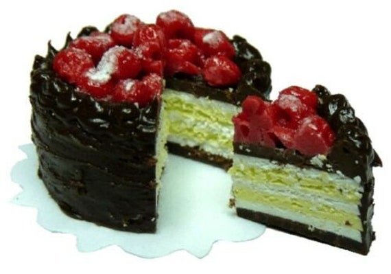 Dollhouse Miniature Chocolate Frosted Cream Cake W/Cherries | Sliced 112