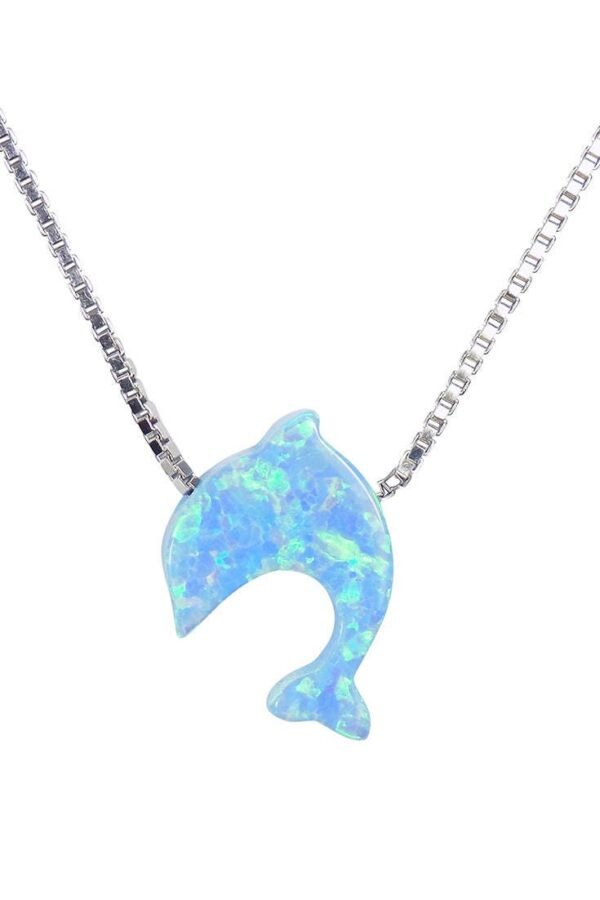 Dolphin Pendant Necklace Tiny Blue Opal Charm Sterling Silver Chain Gift For Her Dolphins Jewelry