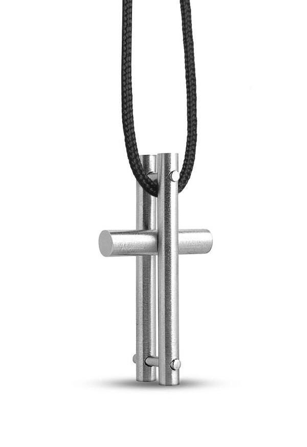 Double Rods Railway Cross Pendant in Stainless Steel By Taormina Jewelry