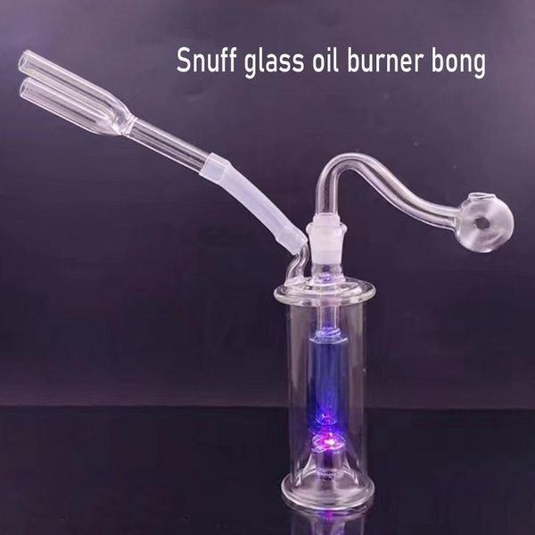 Double Snuff Sniffer LED Glass Oil Burner Bong Water Pipes Small Bubbler Bongs Dab Oil Rigs for Smoking Water Pipe Hookahs with 10mm Pyrex Oil Burner and Hose