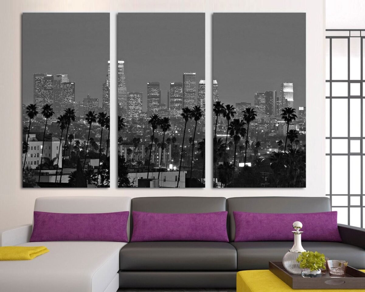 Downtown La Night Los Angeles Sunset Skyline California, Light, Art, Skyscrapers Skyline, Palm Trees Canvas Ready To Hang