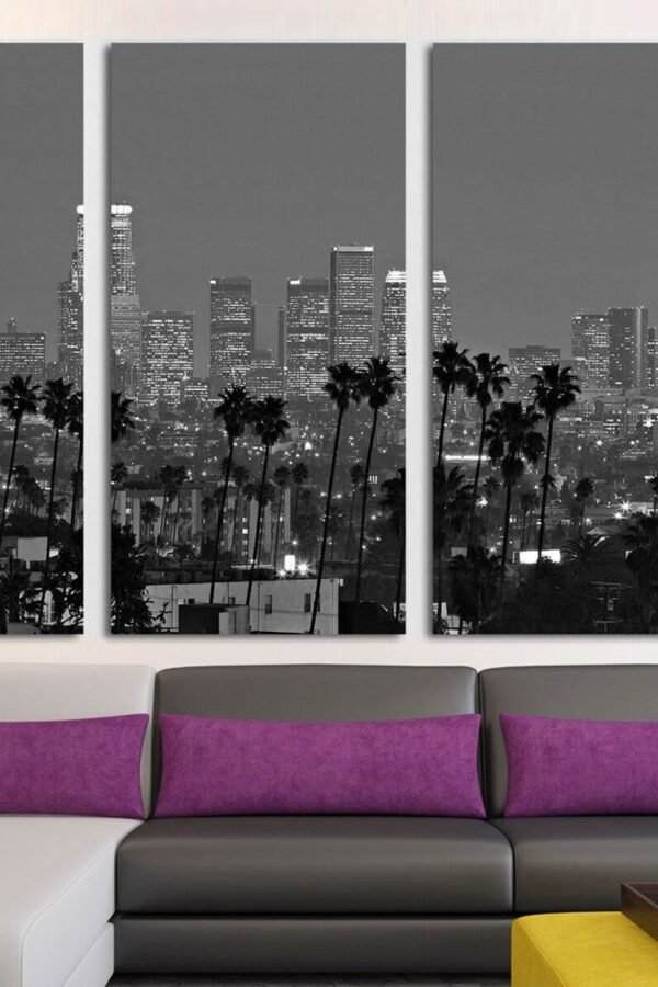 Downtown La Night Los Angeles Sunset Skyline California, Light, Art, Skyscrapers Skyline, Palm Trees Canvas Ready To Hang