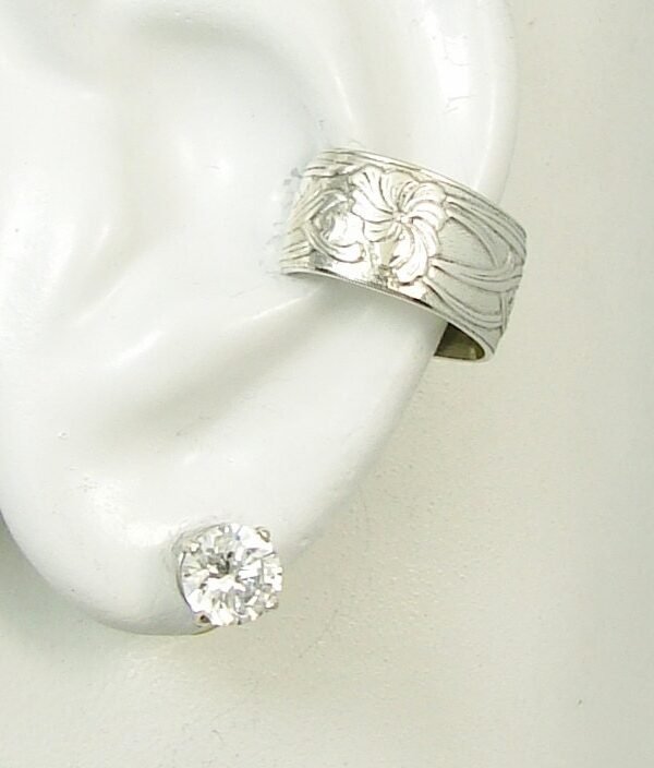 Ear Cuff, Silver Band, Non-Pierced Cartilage, Wrap Earring, Fake Conch, No Piercing, Cuff Body Jewelry, Wide Floral E5xss