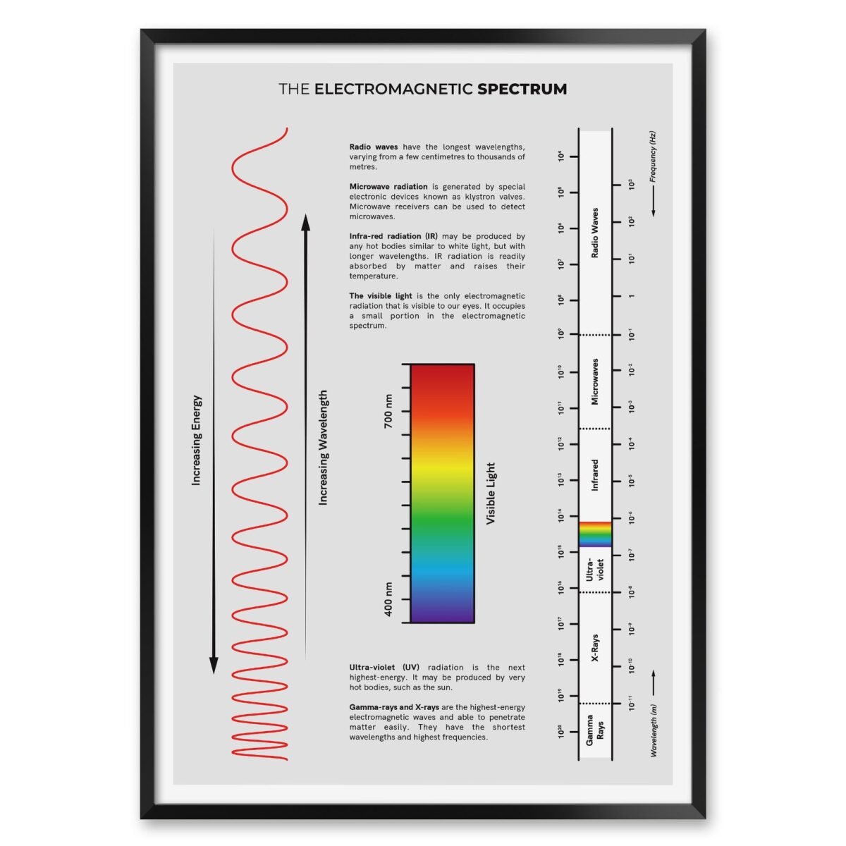 Electromagnetic Spectrum Poster - Physics Print With Radiation Types, Wavelengths, & Frequencies