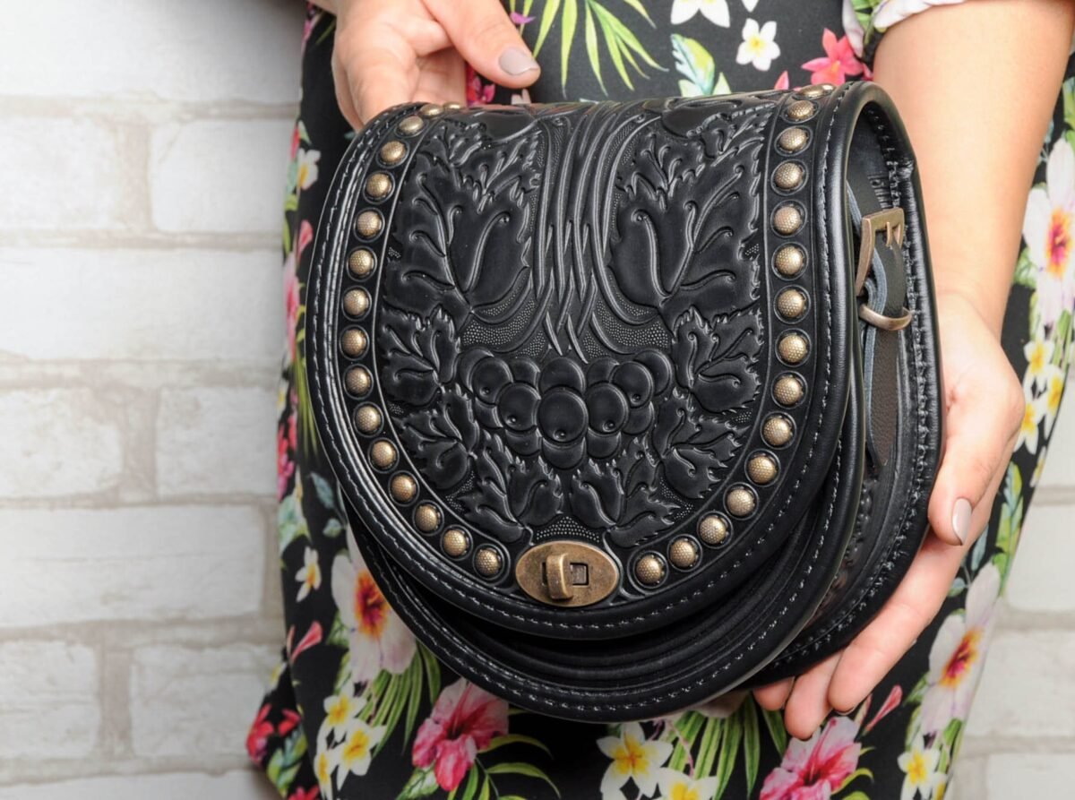 Embossed Black Leather Crossbody Bag Handmade Guelder Rose Purse