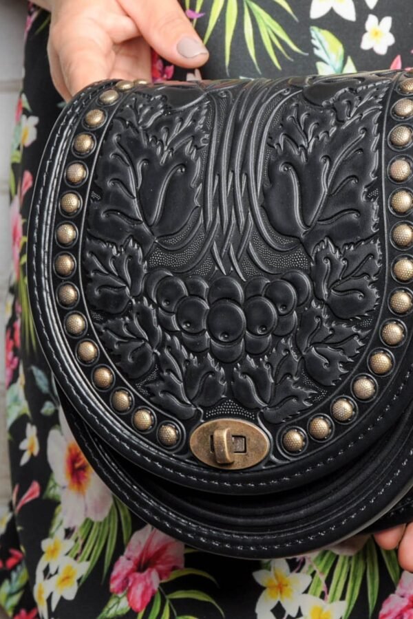 Embossed Black Leather Crossbody Bag Handmade Guelder Rose Purse