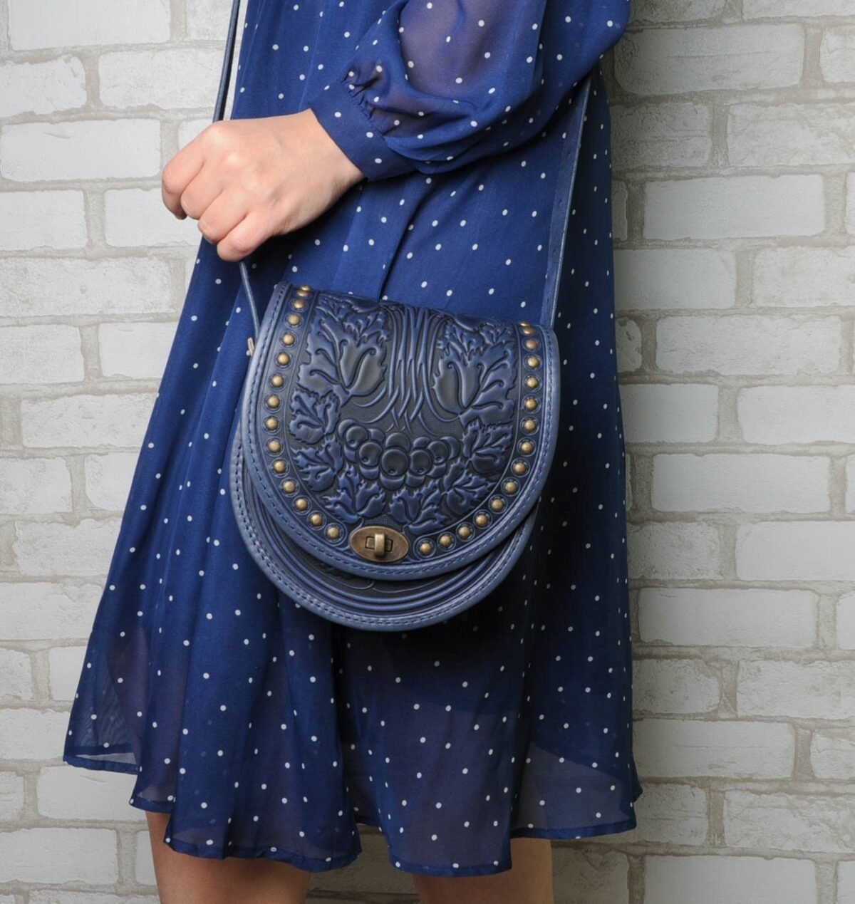 Embossed Blue Leather Crossbody Bag Handmade Tooled Shoulder Purse