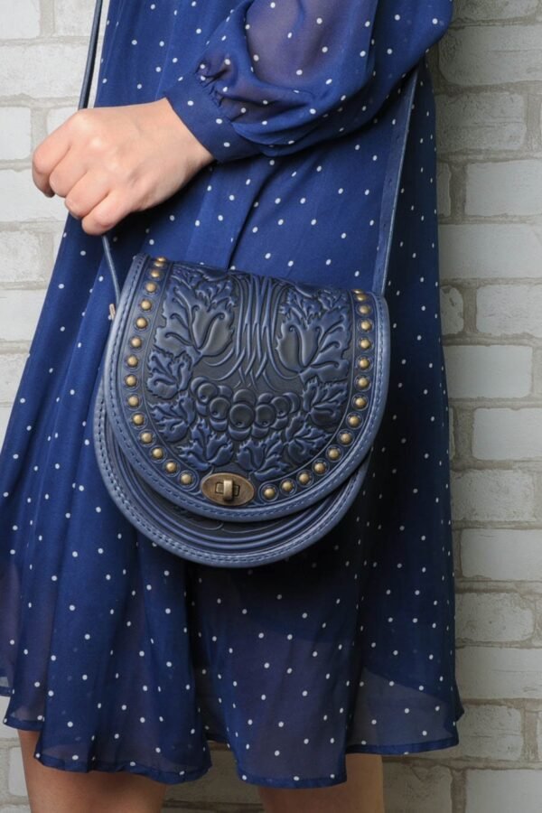 Embossed Blue Leather Crossbody Bag Handmade Tooled Shoulder Purse