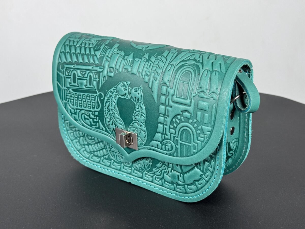 Embossed Leather Cat Crossbody Bag Small Green Purse