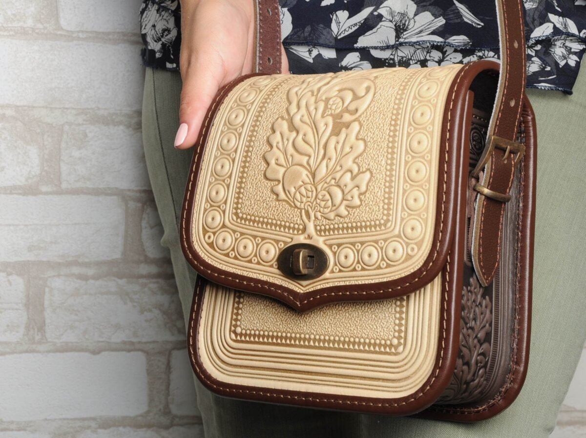 Embossed Leather Crossbody Bag Handmade Beige Shoulder Bag