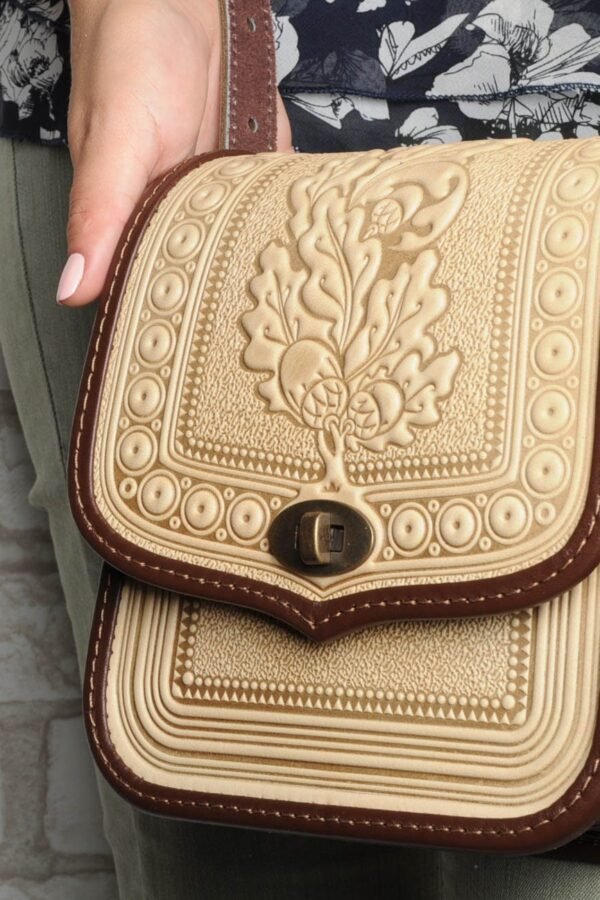 Embossed Leather Crossbody Bag Handmade Beige Shoulder Bag