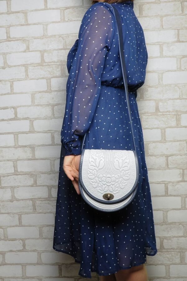 Embossed Leather Crossbody Bag Handmade Round Messenger Purse