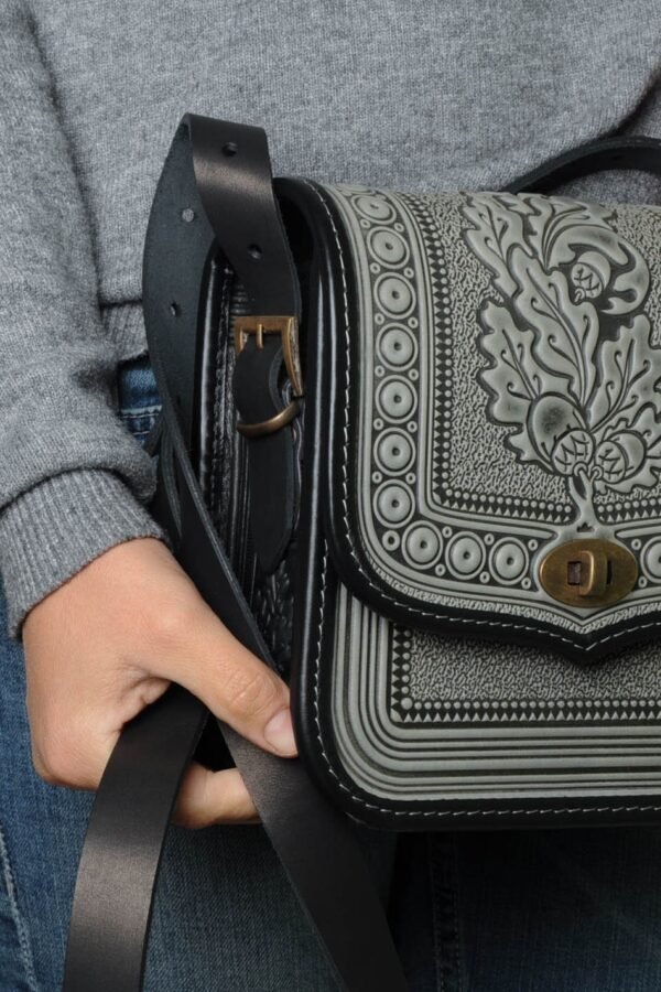 Embossed Leather Crossbody Bag Hot Tooled Oak Leaf Design