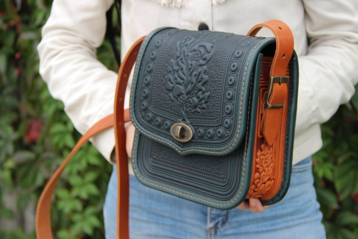 Embossed Leather Crossbody Bag Hot Tooled Oak Leaf Purse