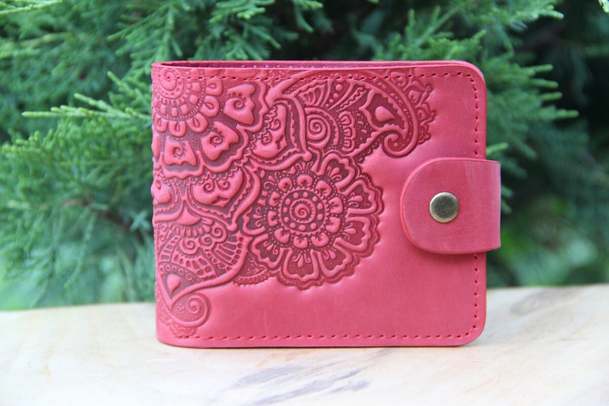 Embossed Red Leather Wallet Women's Billfold, Calf