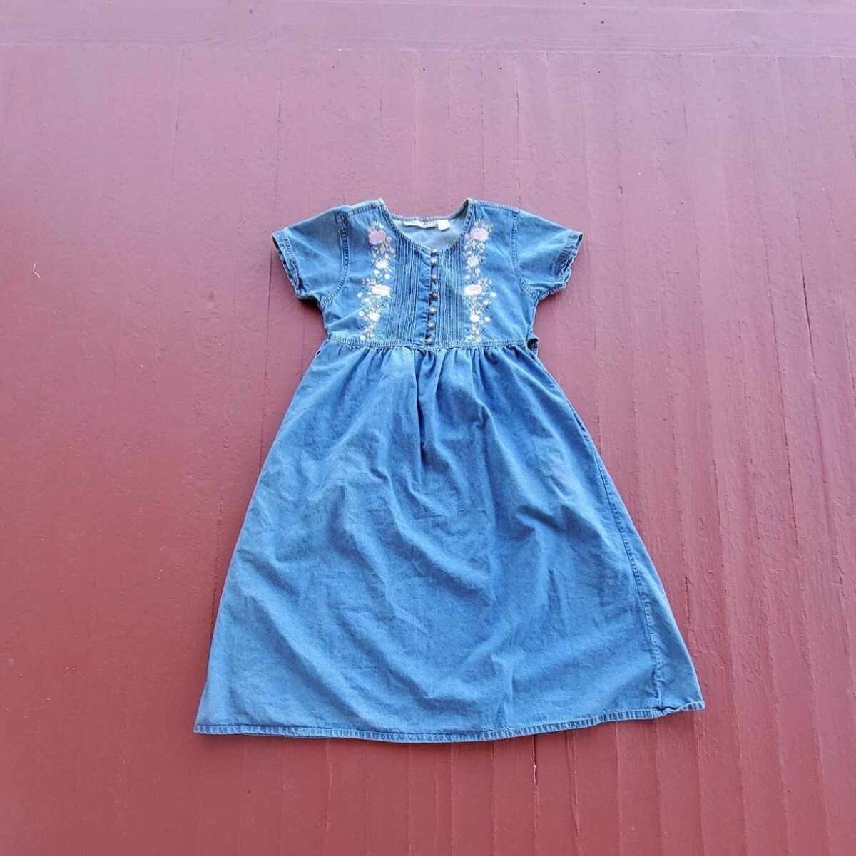 Embroidered Denim Dress Jane Ashley Floral Babydoll, Size Small