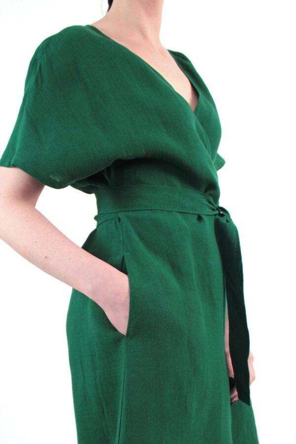 Emerald Green Linen Kimono Wrap Summer Dress With Pockets, Casual Washed Tunic Sleeves & Belt, Matutu Linen Style