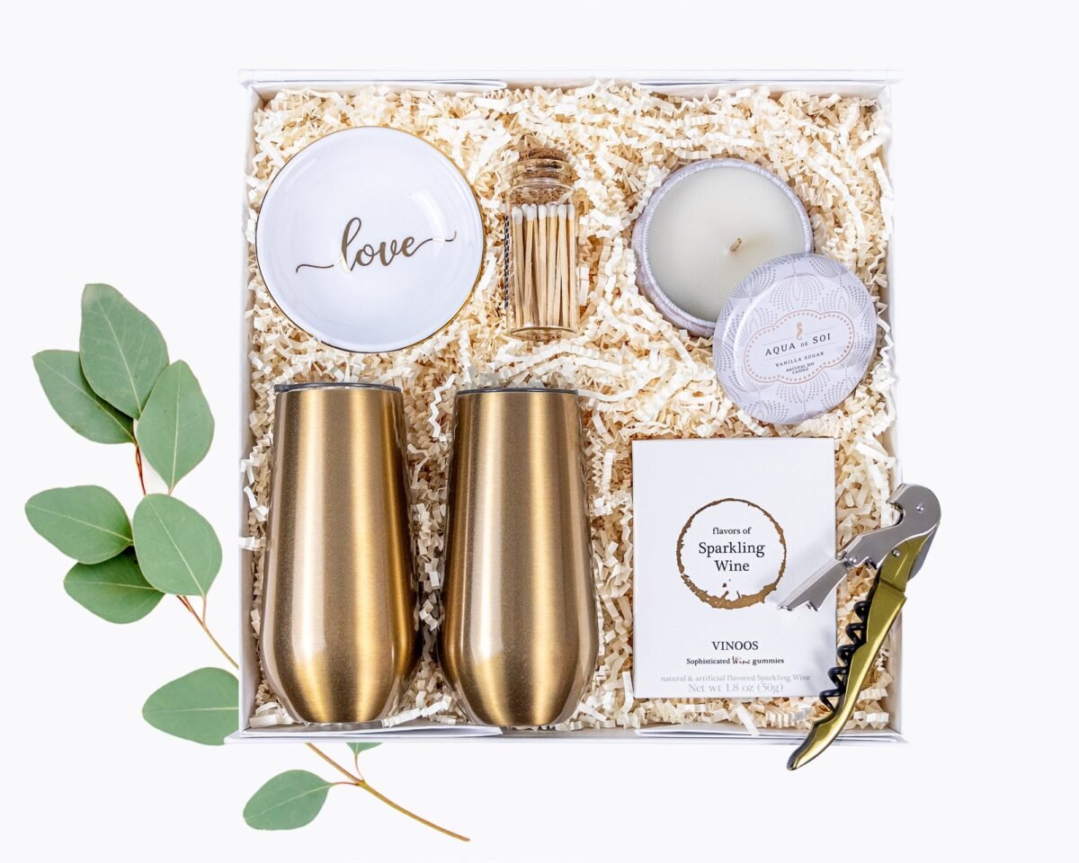 Engagement Gift Box Champagne Flutes, Candle & Ring Dish