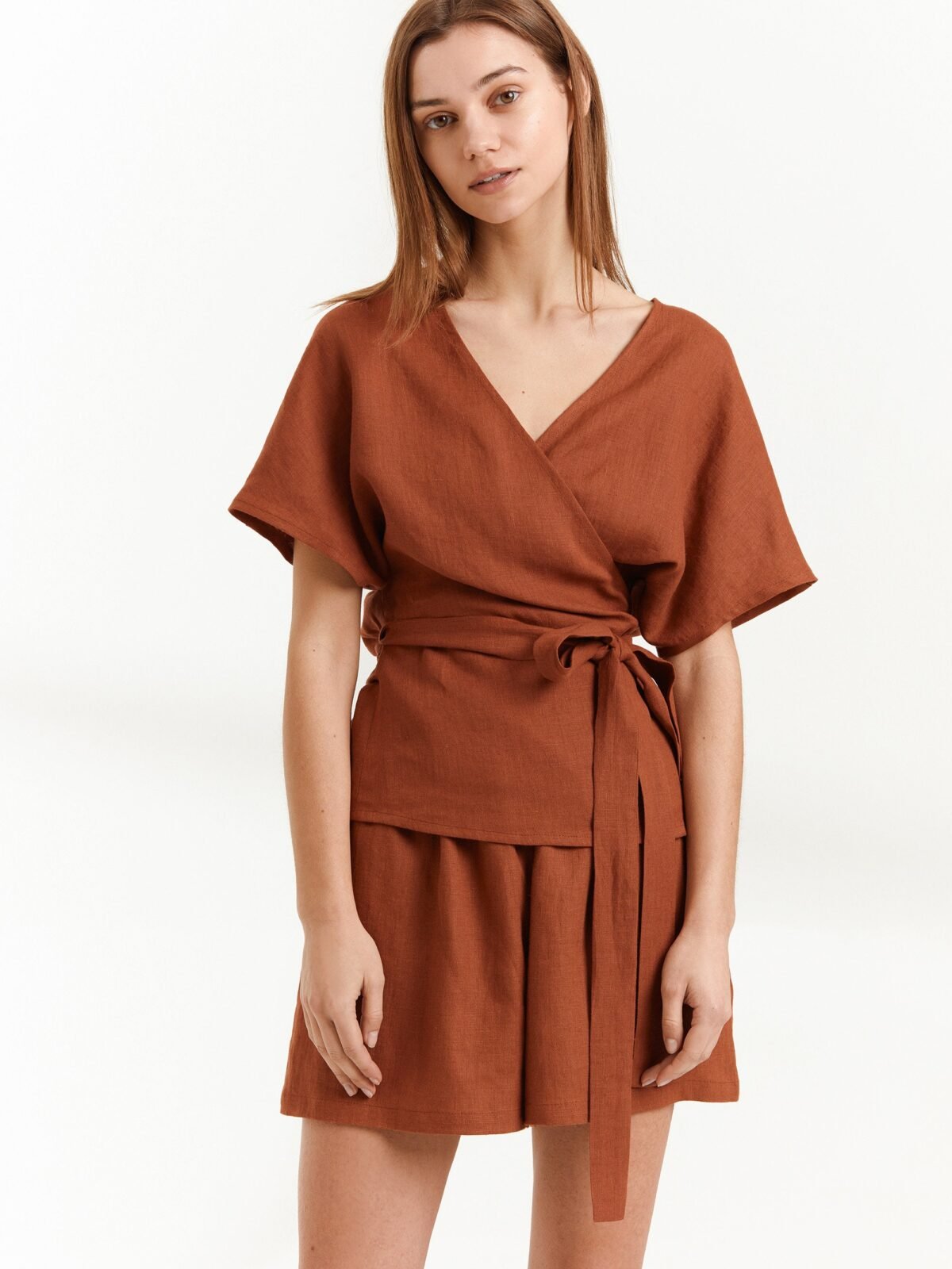 Evie Linen Wrap Top in Rust