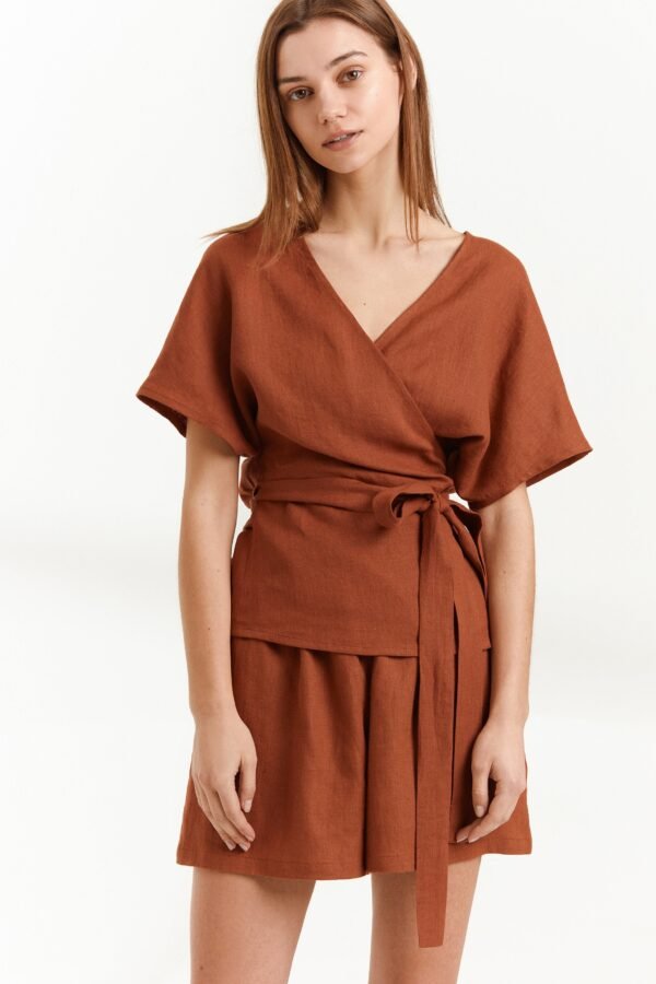 Evie Linen Wrap Top in Rust
