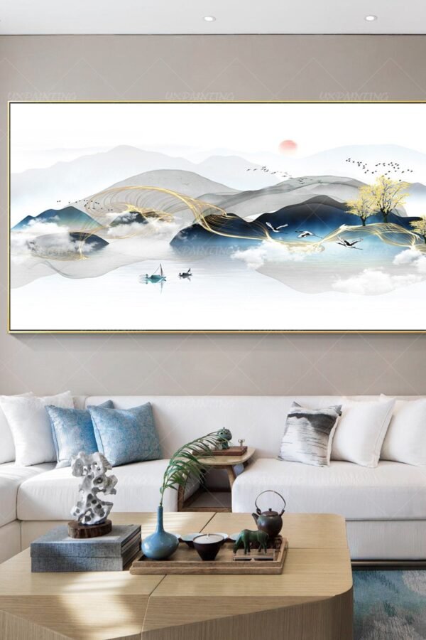 Extra Large Mountain Printable Landscape Abstract Framed Wall Art Watercolor Canvas Painting|Flock Of Birds Nature Art Print|Yxpainting