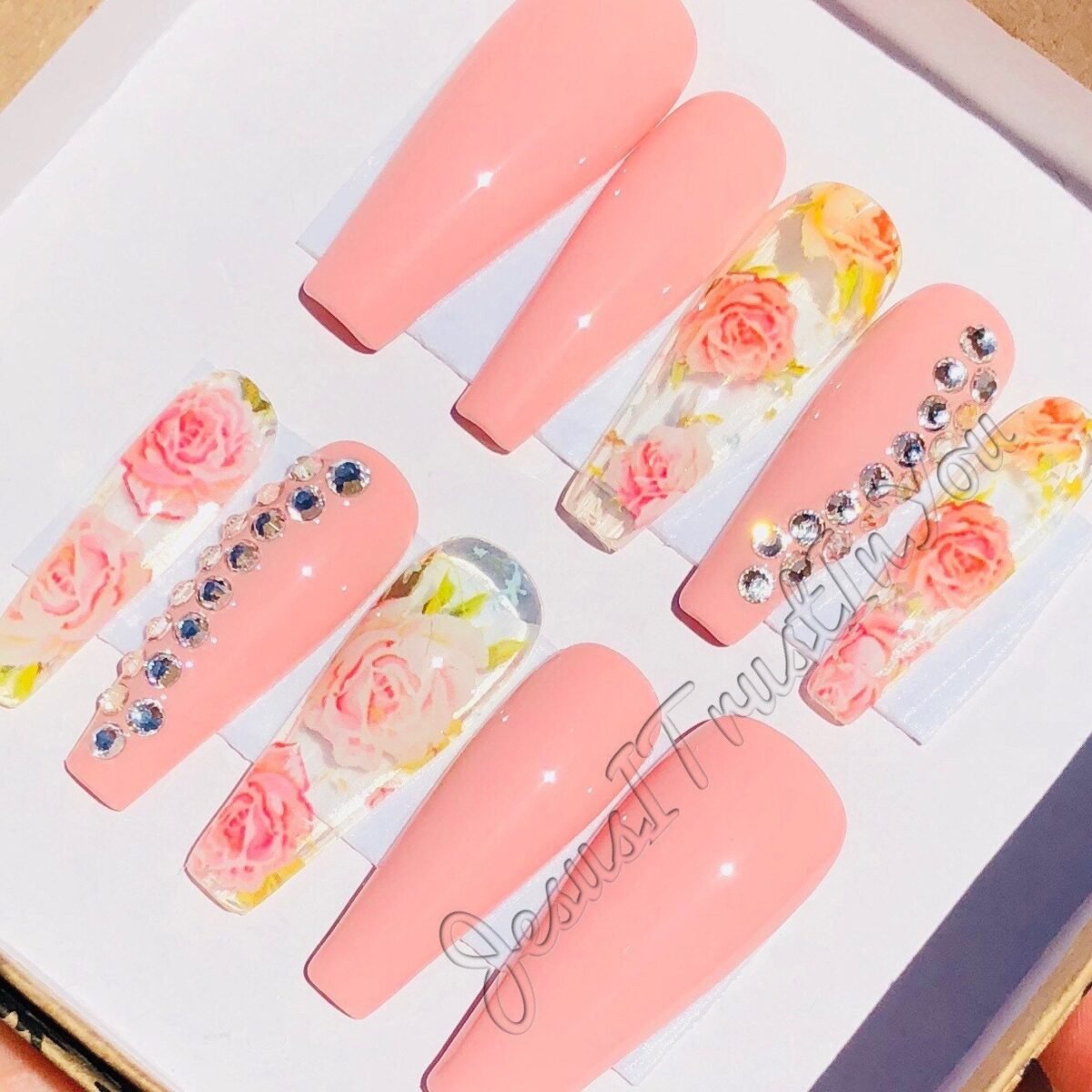 Faith - Long Ballerina Gel Press On Nails| Reusable Nails | Gifts For Her| Rhinestones Makartt Dnd Glue
