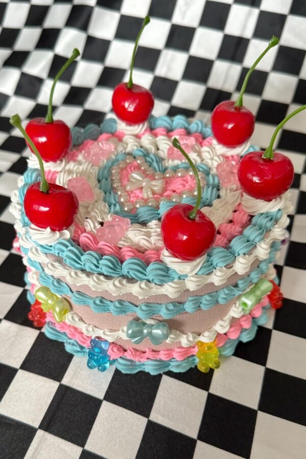Fake Cake Jewellery Box ~ Pink, White & Blue With Gummy Bears & Cherries