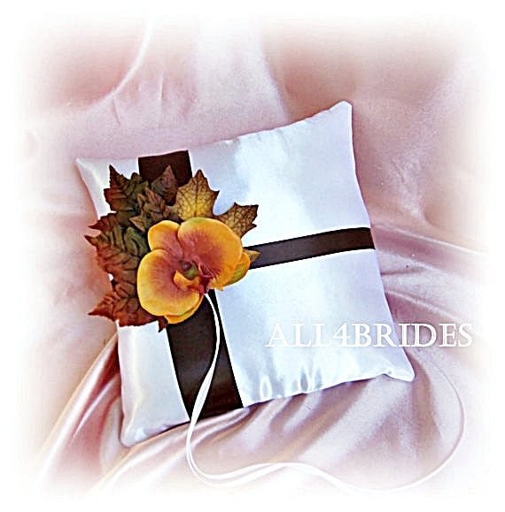 Fall Leaves Wedding Ring Bearer Pillow, Chocolate Brown & Burnt Orange Orchid Weddings Decorations