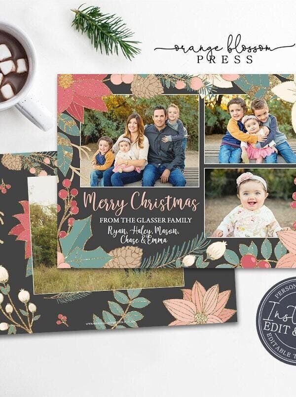 Floral Christmas Card, Holiday Photo Pink Blush, Gold Glitter, Personalized, Digital Or Printed, Instant Edit & Download