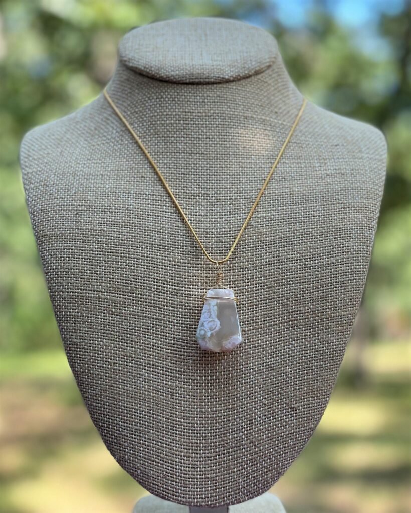 Flower Agate Wire Wrapped Pendant, Cherry Blossom Agate Necklace