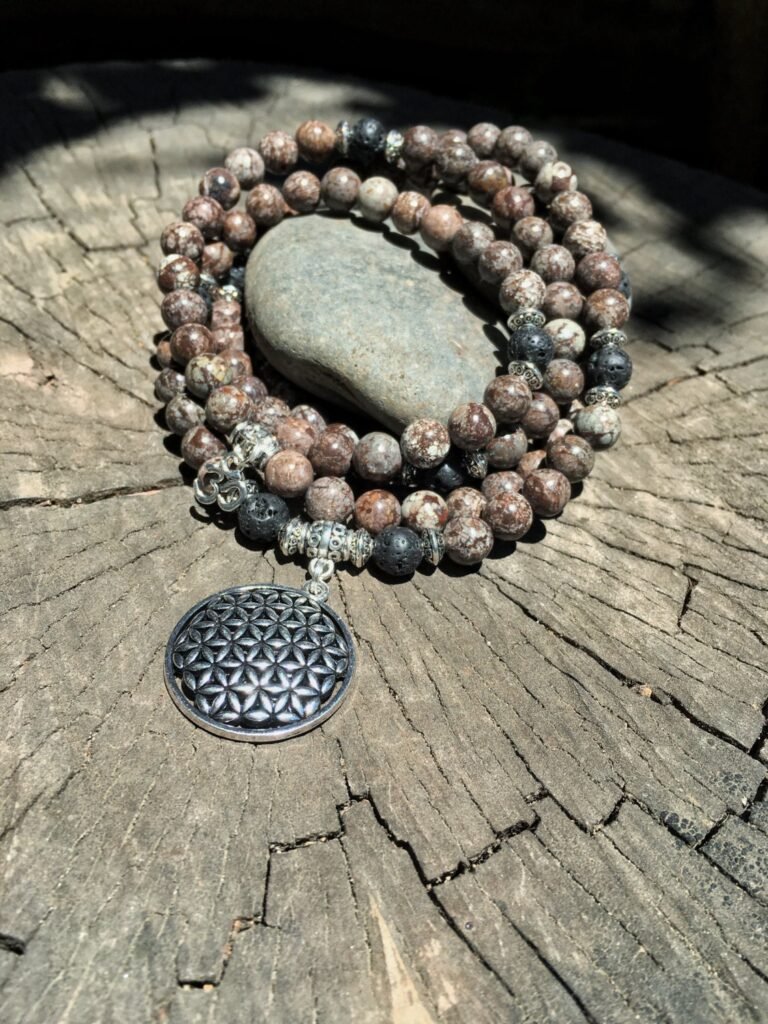 Flower Of Life Chocolate Jasper Mala Beads | 108 Unisex Necklace For Root Chakra Yoga Meditation Beads, Prayer By Mayan Rose