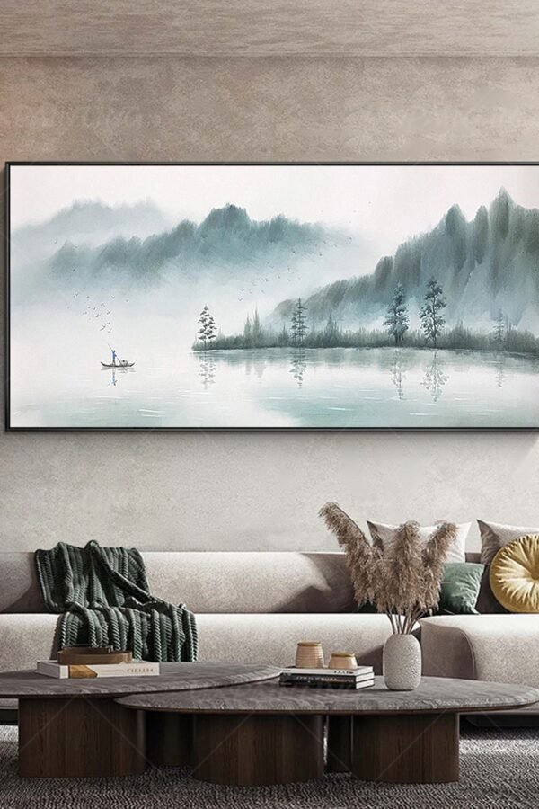 Framed Painting Abstract Mountain Acrylic Paintings On Canvas Green & Grey Landscape Lake River Large Wall Art Pictures