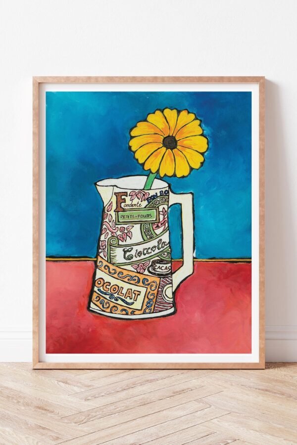 French Kitchen Art, Vintage Chocolate Pot, Blue & Red Print, European Words, Francophile Gifts, Yellow Flower Print