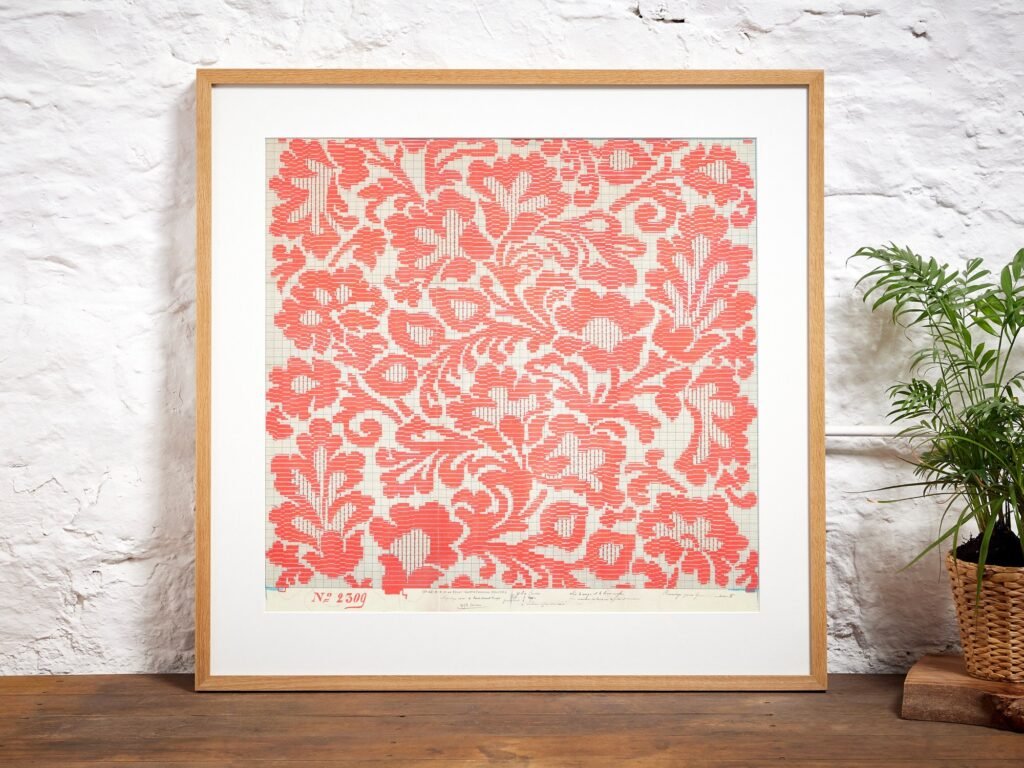 French Textile Art Print Heraldic Red Flowers, Vintage Point Paper