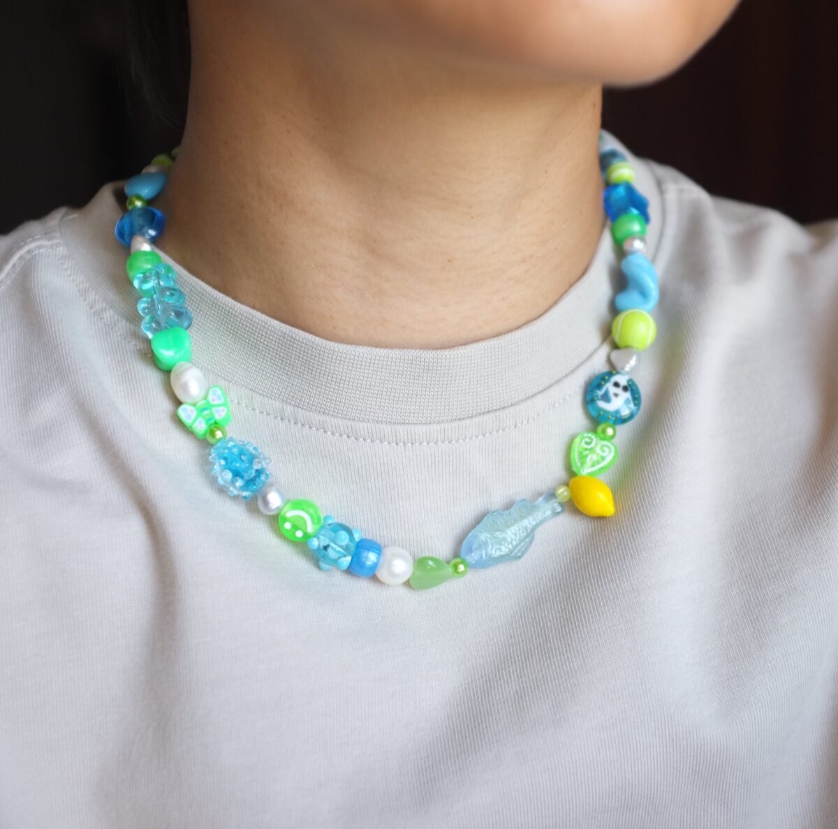Fresh Water Pearls With Sour Lime Neon Green Glass Fish Ghost Beads Unisex Necklace, Hand Made Men Lemon Gummy Bear, Blue Berry Funky Panda