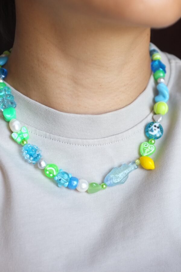 Fresh Water Pearls With Sour Lime Neon Green Glass Fish Ghost Beads Unisex Necklace, Hand Made Men Lemon Gummy Bear, Blue Berry Funky Panda