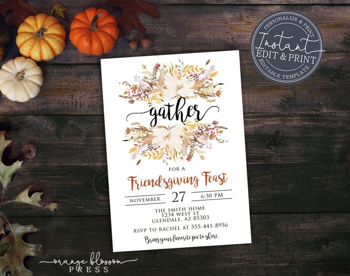 Friendsgiving Invitation, Thanksgiving Dinner Invite, Gather, Diy Template, Digital Or Printed, Instant Edit & Download