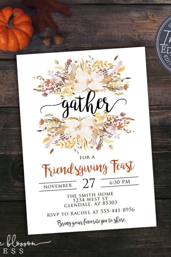 Friendsgiving Invitation, Thanksgiving Dinner Invite, Gather, Diy Template, Digital Or Printed, Instant Edit & Download