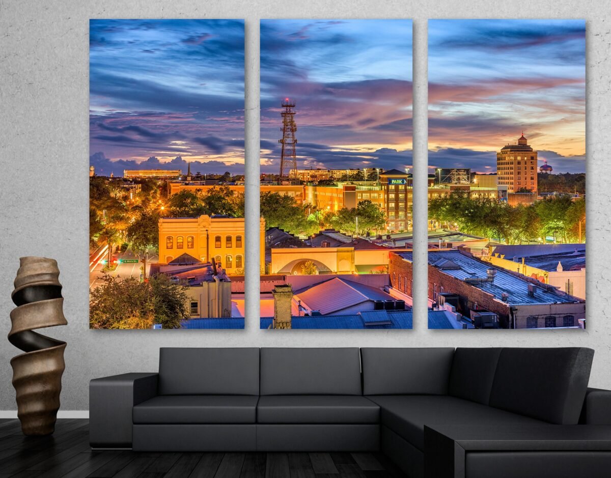 Gainesville, Florida, USA Canvas Print Wall Art - Cityscape, Townscape Art At Dusk- Giclee Home Decor, Wall Interior Design